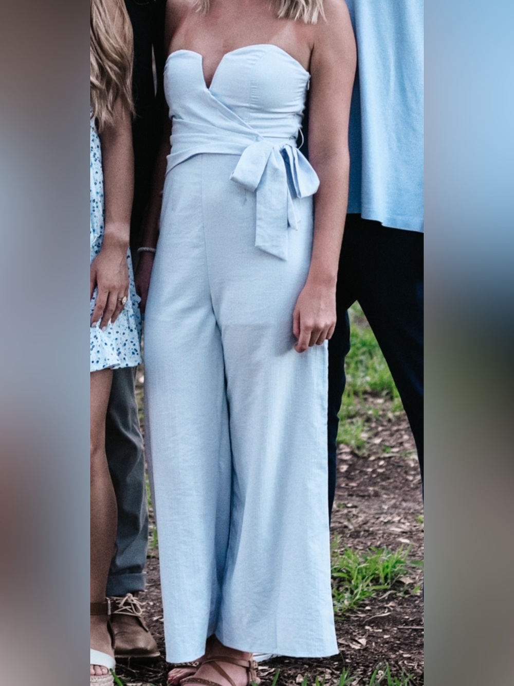 Astr Strapless Light Blue Wide-Leg Tie-Waist Jumpsuit